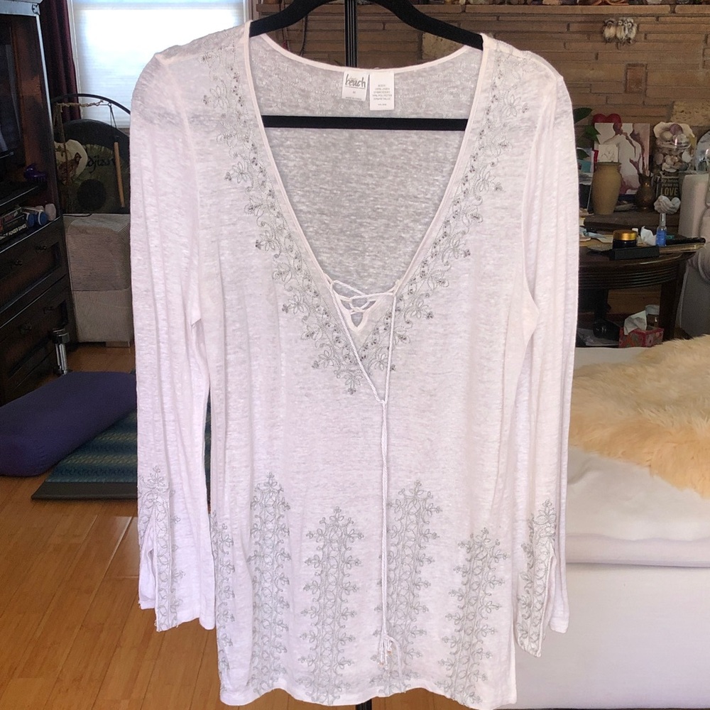 Beach Inc. Women’s Lace-Up Embroidered V-Neck Long Sleeve Top - White